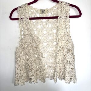 Ivory Crochet Open Front Vest Sz Small Boho Hippie Cottagecore Layers Festival